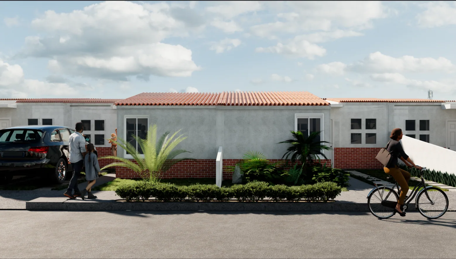 Fachada con auto y ciclista