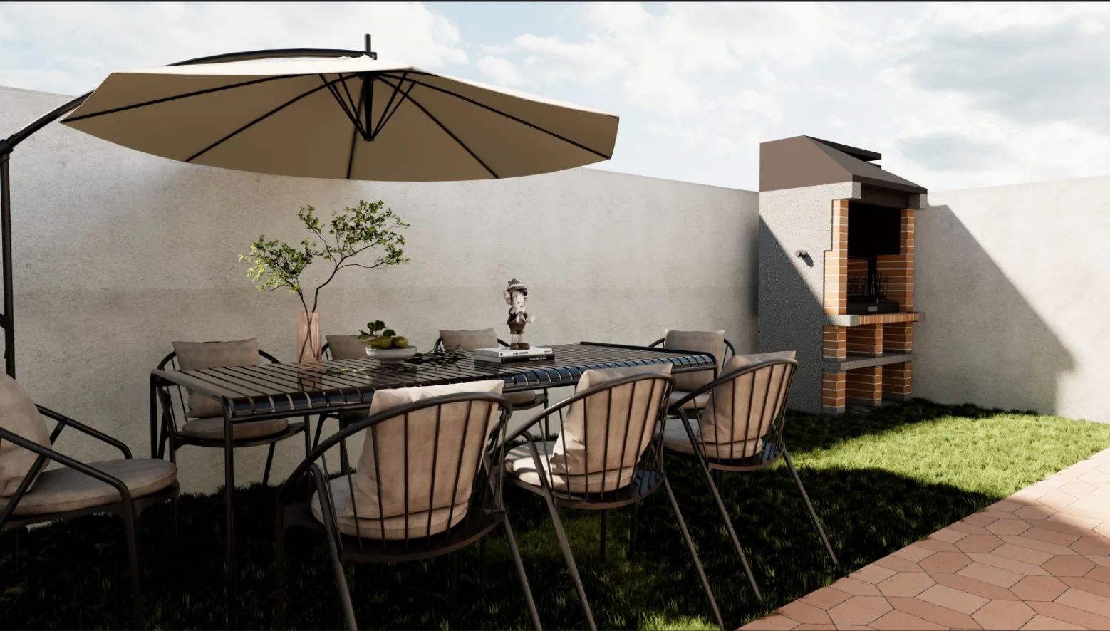 Comedor exterior con sombrilla y mesa