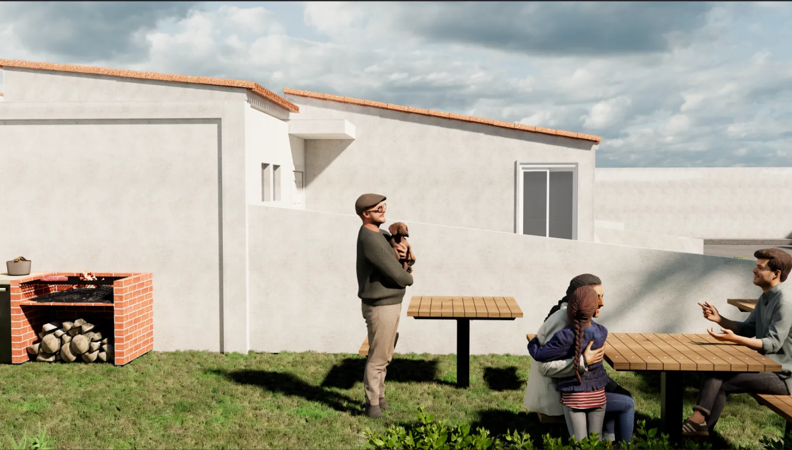 Zona de parrilla con mesas y personas