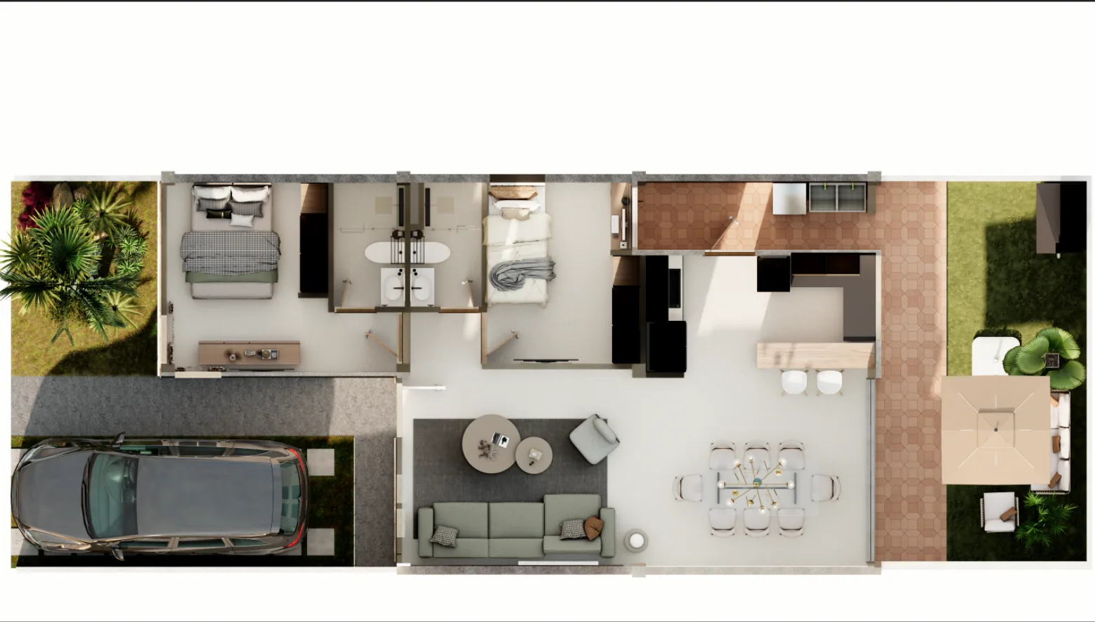Planta de la vivienda Villarcangel: dos habitaciones, dos baños, sala, comedor, cocina, lavandero y estacionamiento